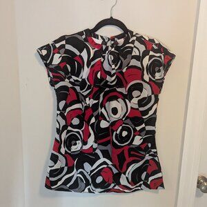 Red and black satin patterned blouse, size M